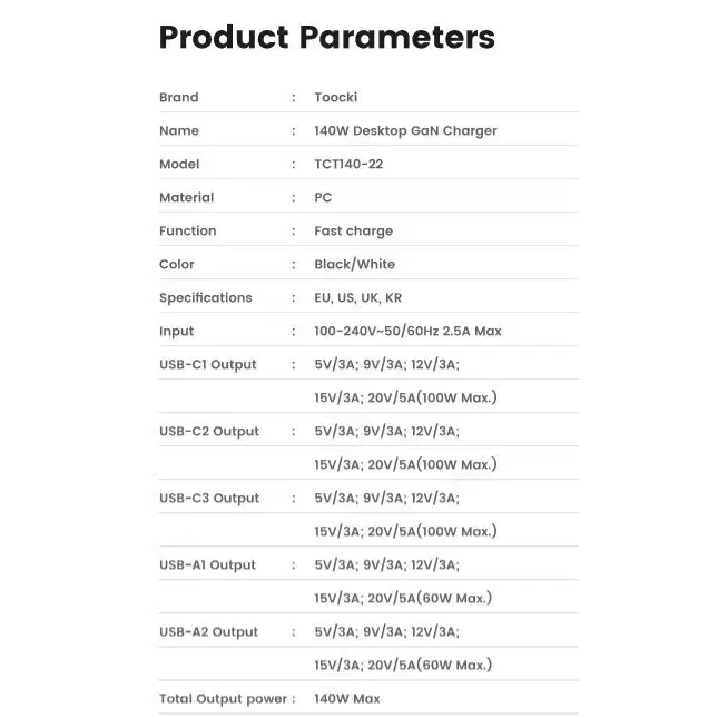 Toocki GaN충전기 LED 140W 블랙 한국전원코드
