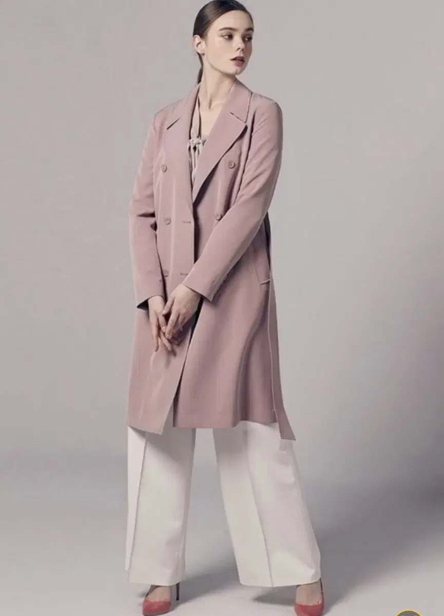 Daywear/Office wear/Double-breasted/Pink long trench coat