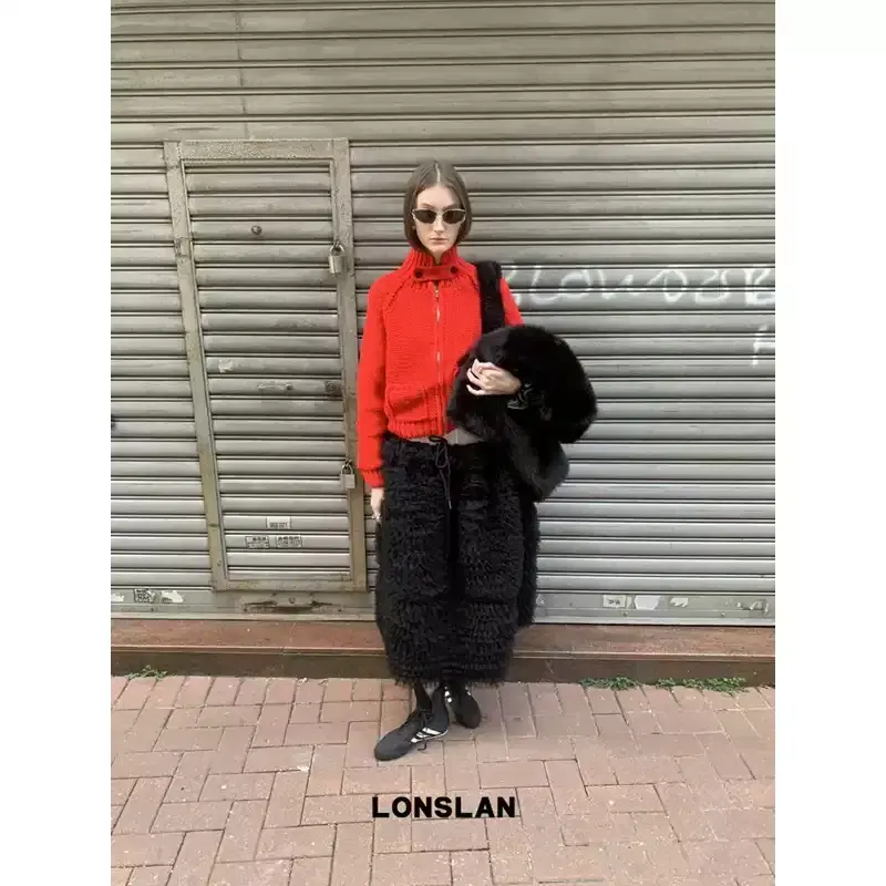 LONSLAN 레드 스탠드 칼라 포켓 집업 울 가디건