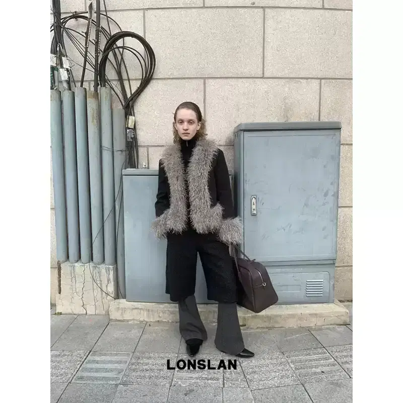 LONSLAN 패치워크 페이크 투피스 플레어 와이드 팬츠