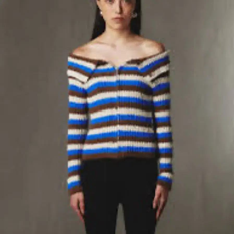 Off-Shoulder Knit Cardigan Blue Stripe