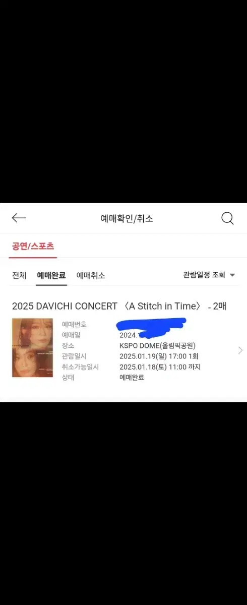 다비치 콘서트 1.19 통로 2연석 정가판매