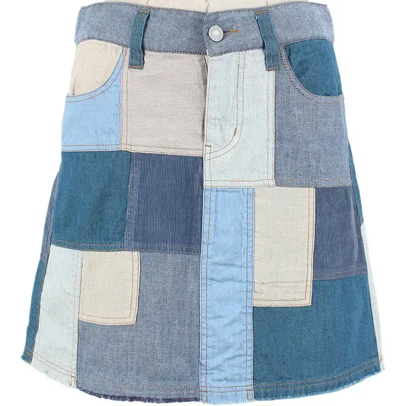 Denim Linen Golden Distressed Fringe Check Patchwork Floral A-line Mini Skirt