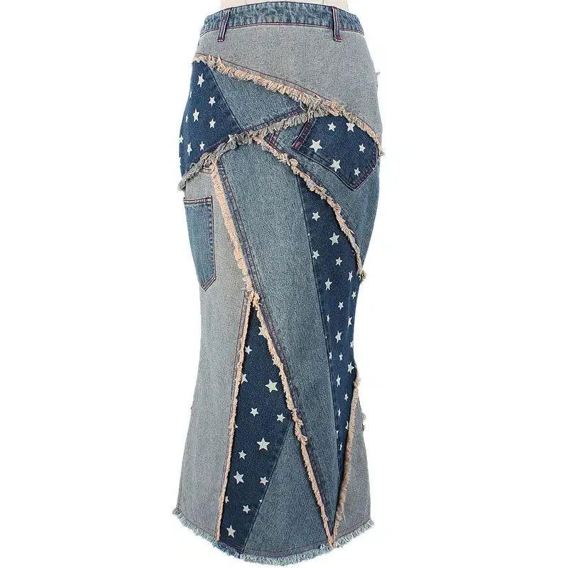 Denim Ripped Fringed Star Patchwork Unraveled Slit Distressed Mermaid Jeans