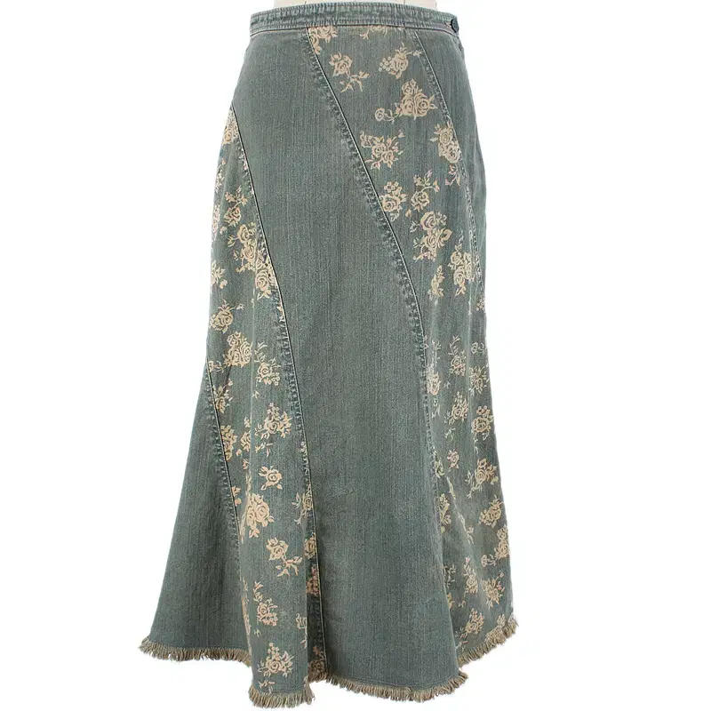 Denim Distressed Fringed Rose Flower Pattern Patchwork Unbalanced Mermaid Long Jeans Skirt