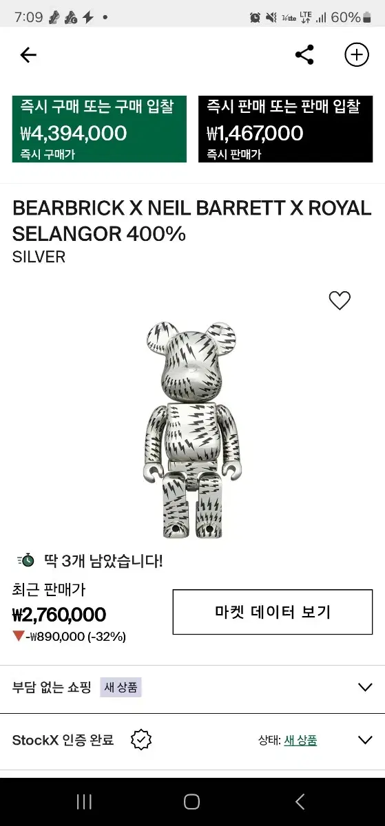 베어브릭 로얄 셀랑고르 닐바렛 400% 정가320만원