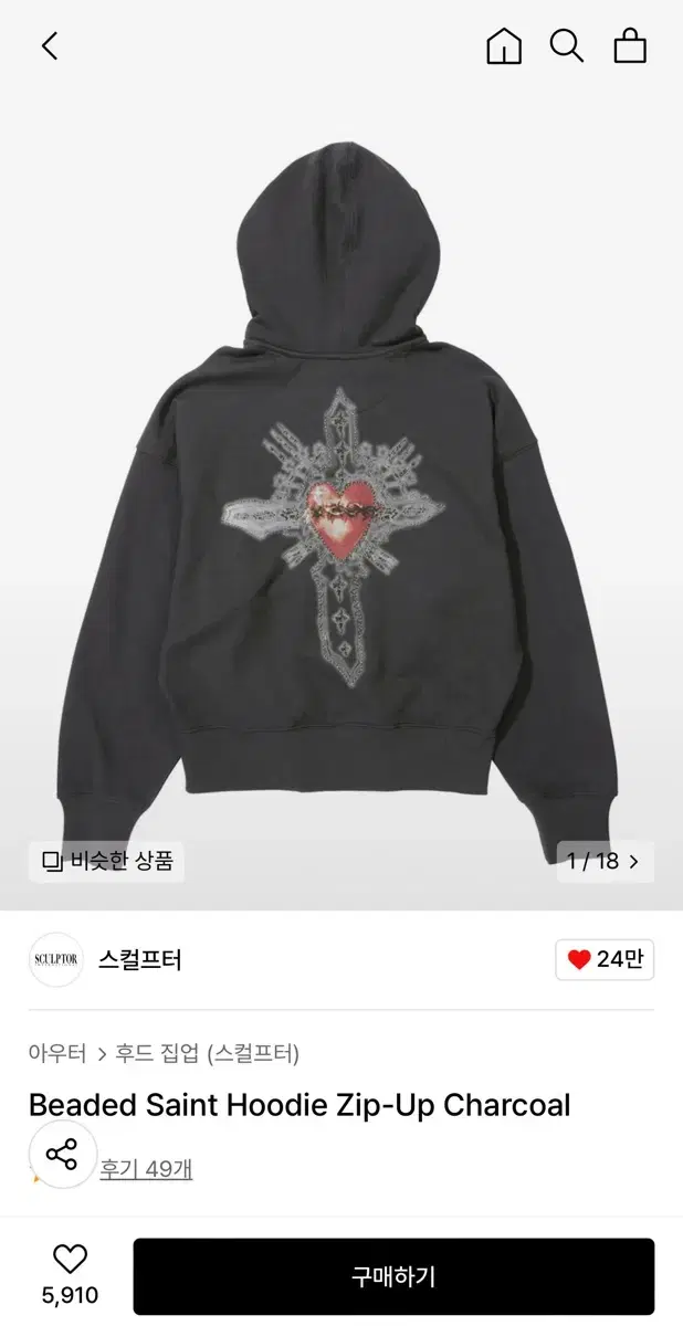 스컬프터 Beaded Saint Hoodie Zip-Up Charcoal