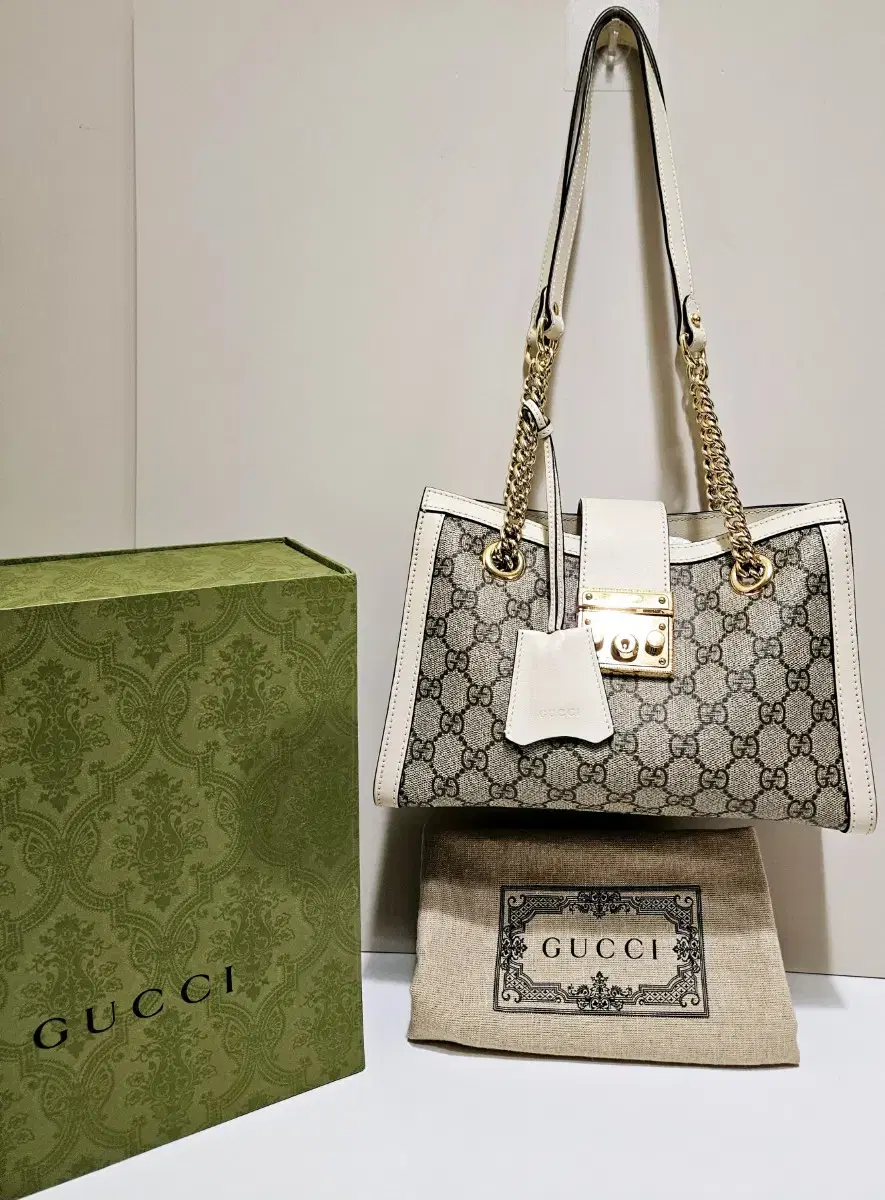 GUCCI Genuine Paddlelock Small GG Canvas Shoulder Bag Beige Ebony White