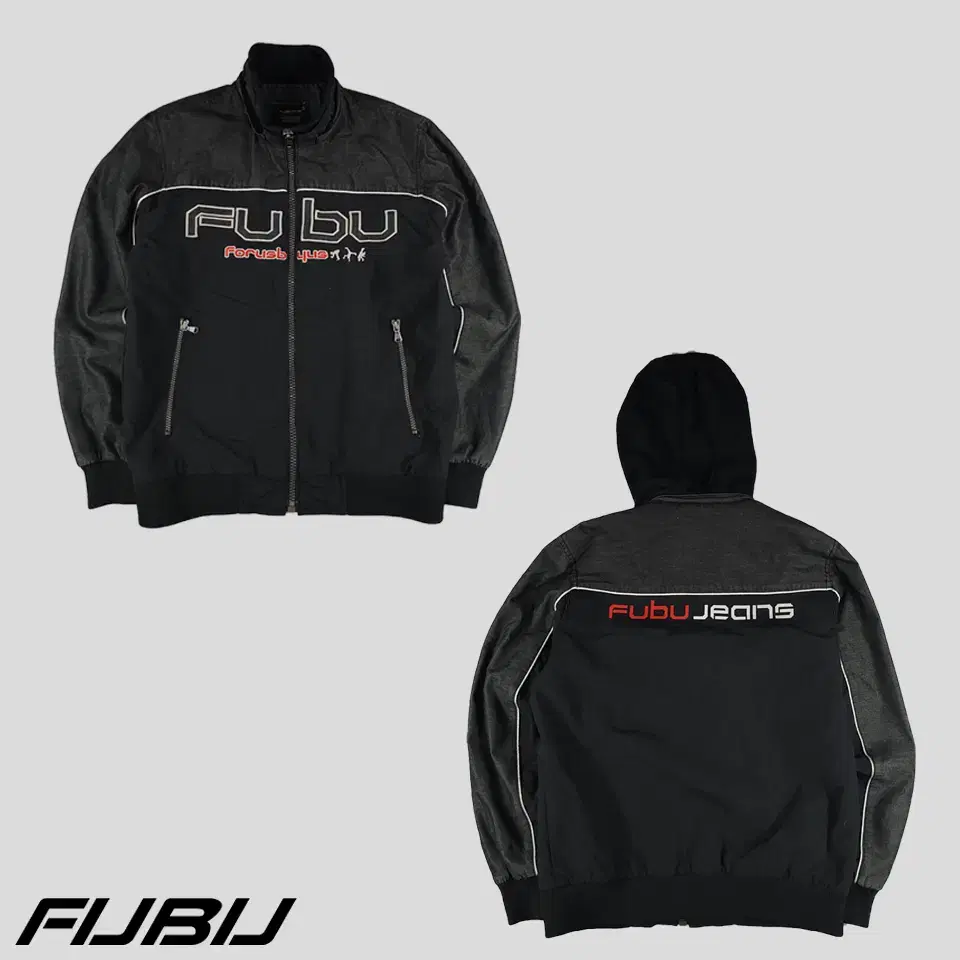 FUBU 푸부 후부 블랙 실버 빅자수 로고 나일론 흑청 데님 배색 후드