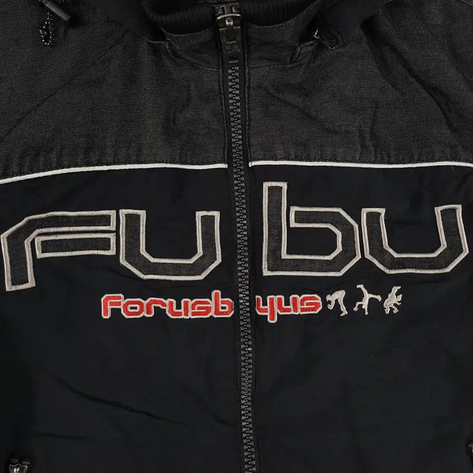 FUBU 푸부 후부 블랙 실버 빅자수 로고 나일론 흑청 데님 배색 후드