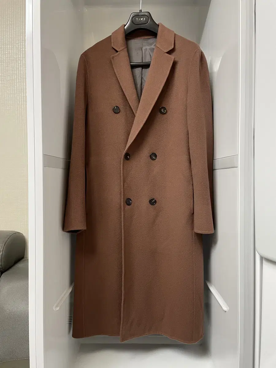 Time Homme Rose-beige cashmere semi overcoat handmade double-breasted size 95