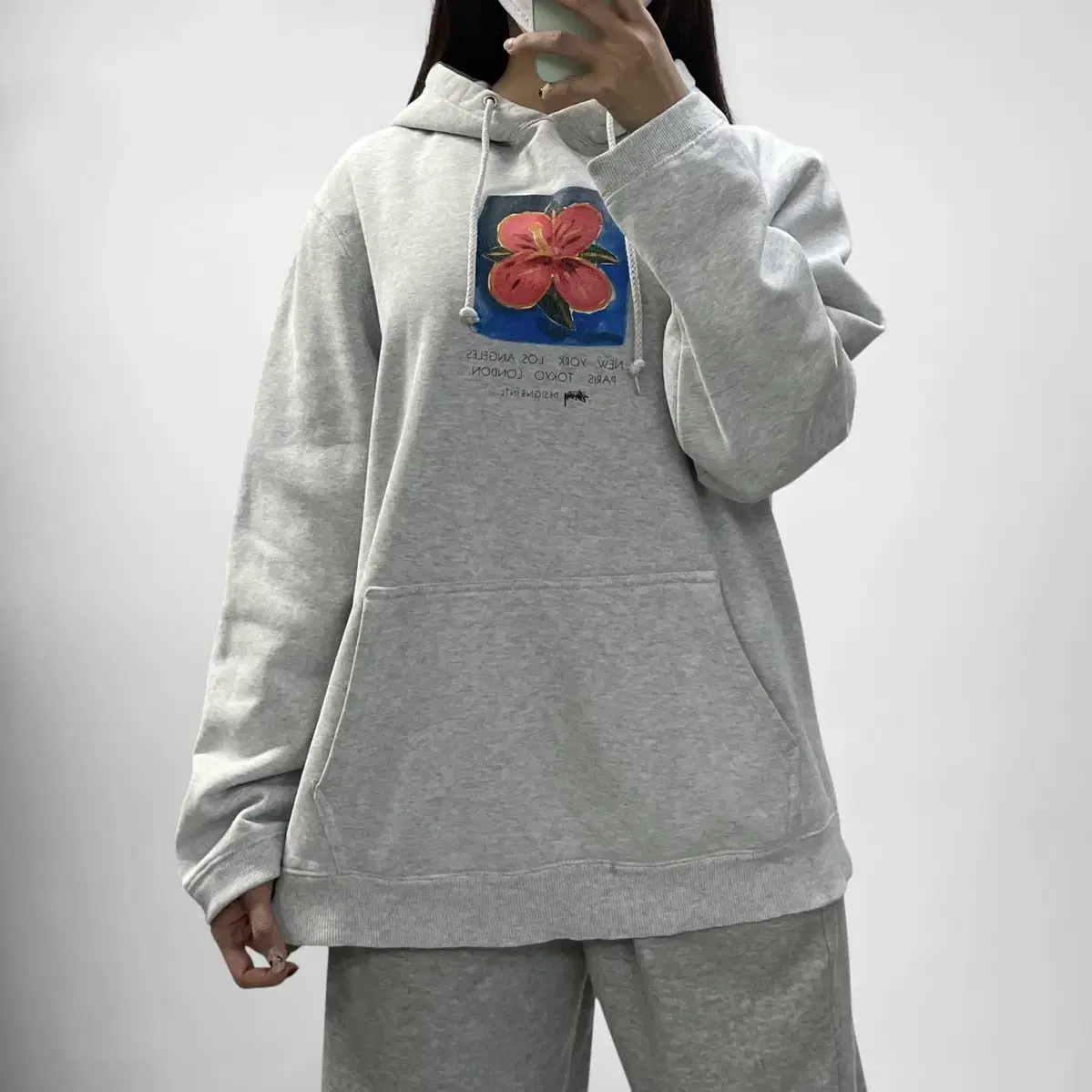 스투시 Stussy 플라워 프린팅 후드티 그레이