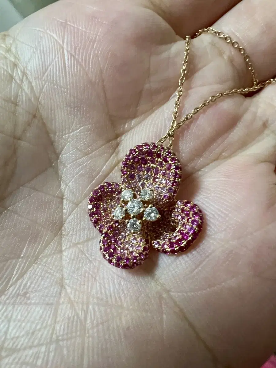 18K Pink Sapphire and Fully Pavé Natural Diamond Flower Necklace