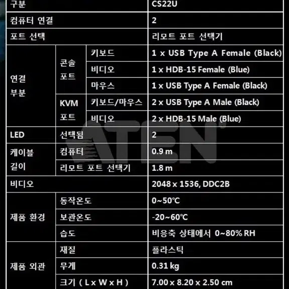 [새상품] ATEN KVM스위치 CS22U(2.5만원)