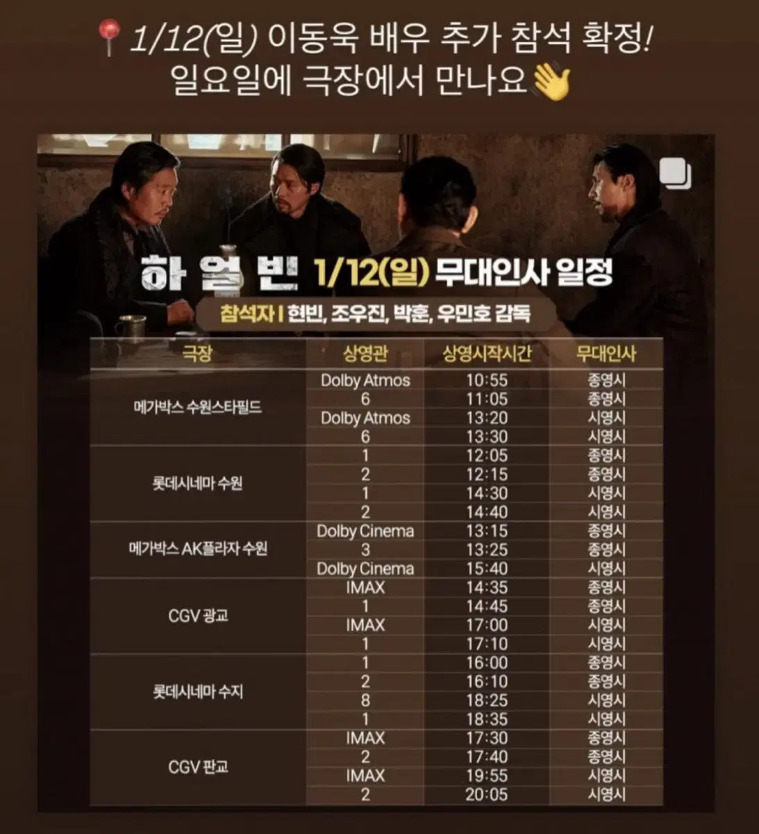 1/12일 하얼빈 무대인사 수퍼플렉스관 A열 통로석