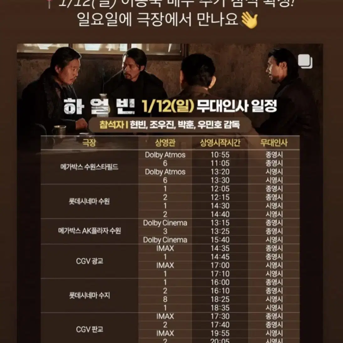 1/12일 하얼빈 무대인사 수퍼플렉스관 A열 통로석