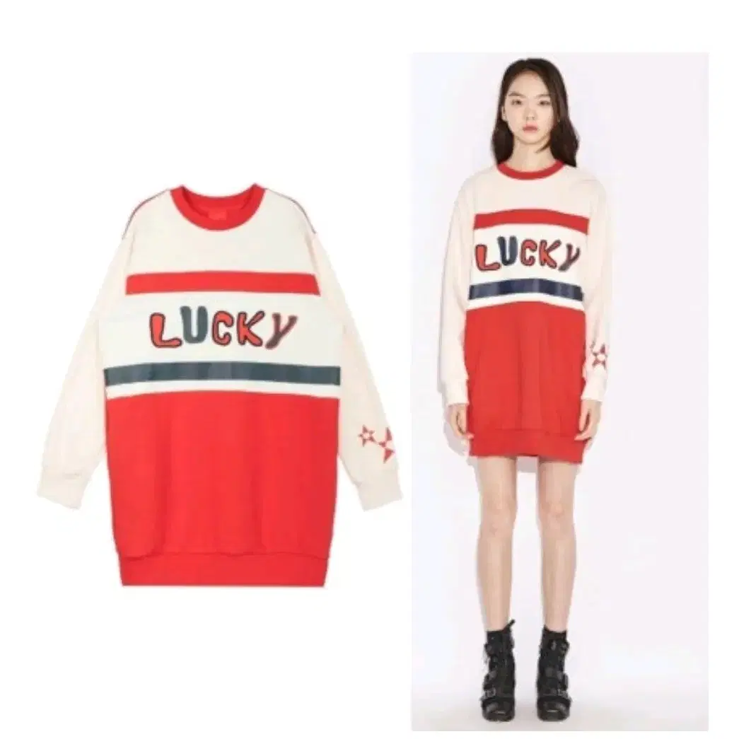 럭키슈에뜨 컬러 블럭 LUCKY 포인트 져지 OP원피스