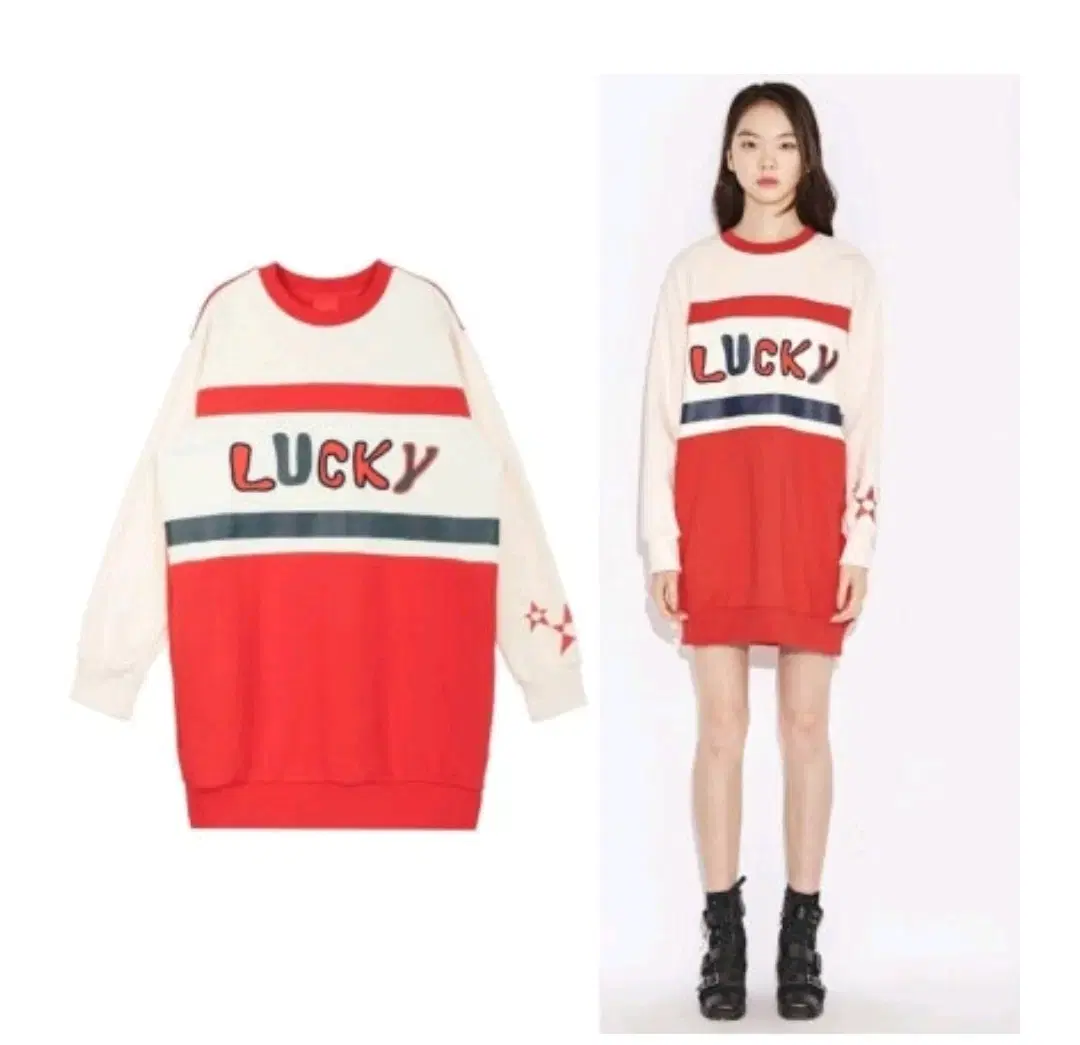 럭키슈에뜨 컬러 블럭 LUCKY 포인트 져지 OP원피스