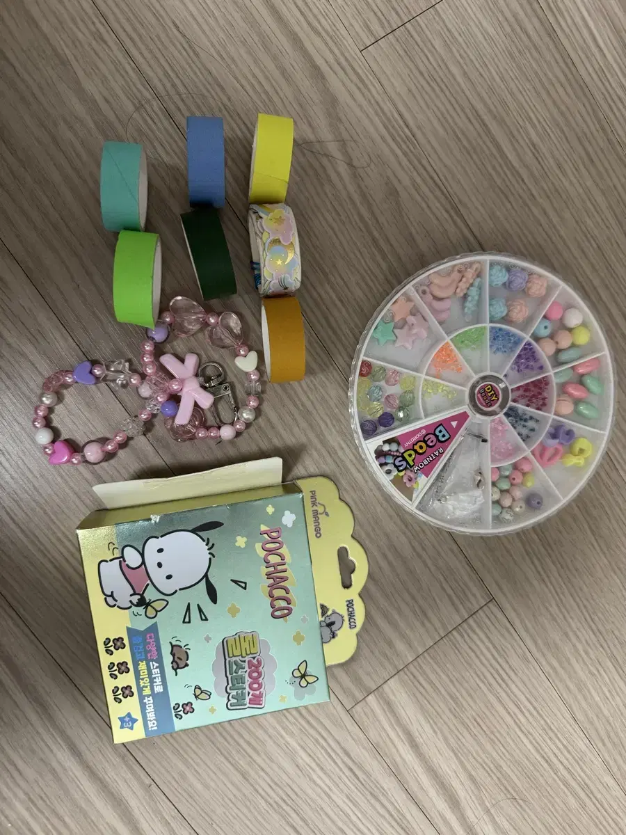 Masking tape, Pochaco hologram stickers, beaded bracelet set, keyring