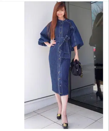 아도니스 데님 벌룬 슬리브 롱 원피스