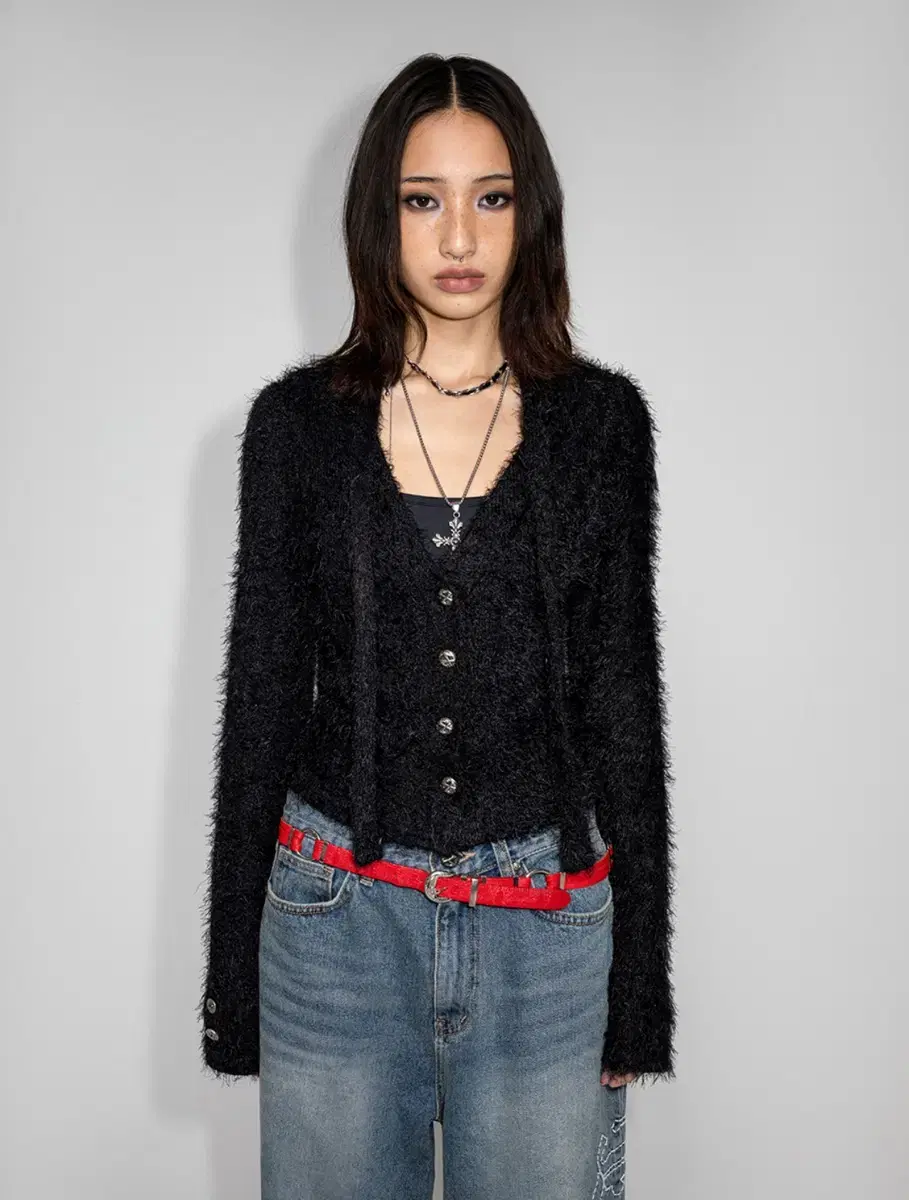 leey STRAP TWEED CARDIGAN BLACK