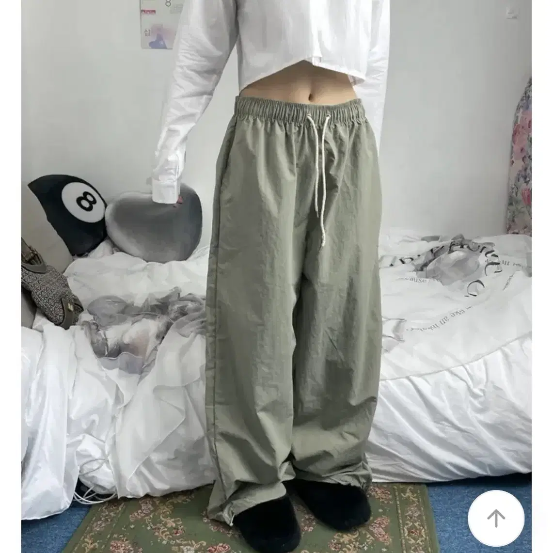 string wide nylon pants 카키색