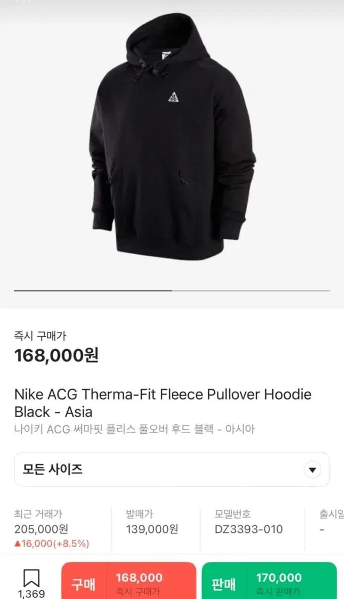 나이키 acg 써마핏 플리스 풀오버 후드티 블랙