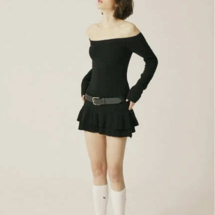 쓰리타임즈  Cable off-shoulder dress black