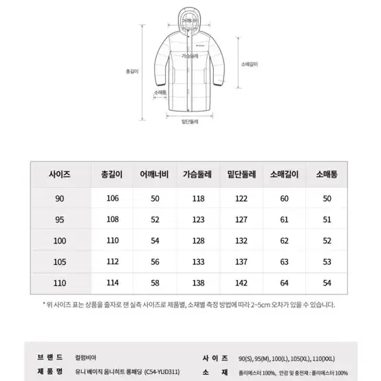 콜롬비아 롱패딩105사이즈 새상품