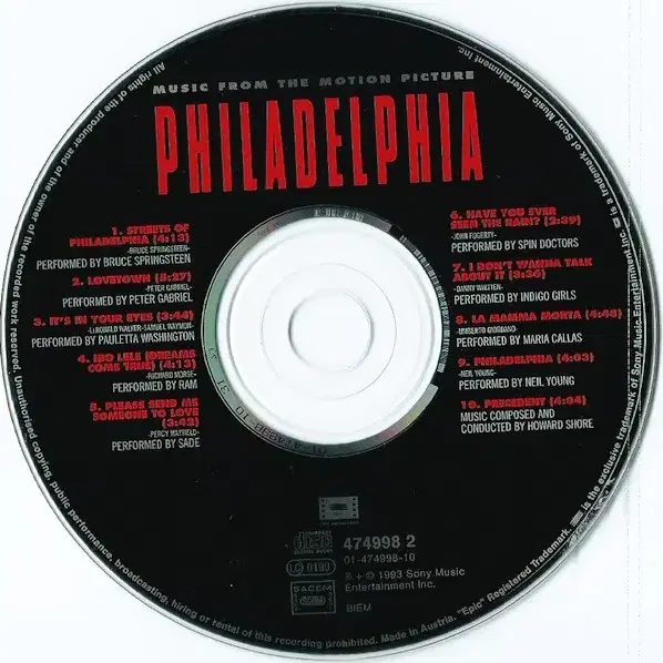 Philadelphia OST (CD) 유럽반 90s EX++