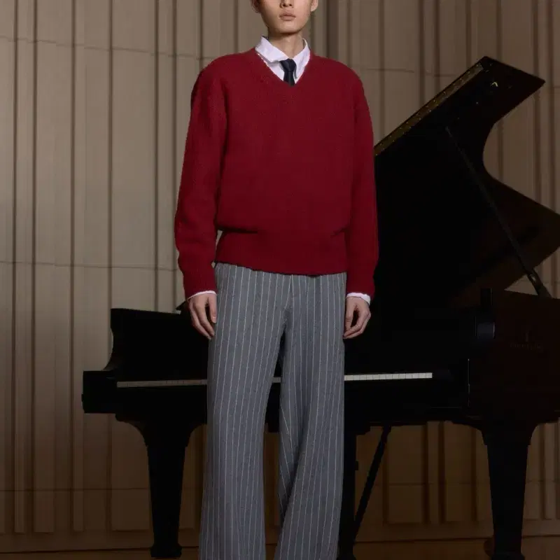 [L] STU Stripe Straight Wool Slacks Grey