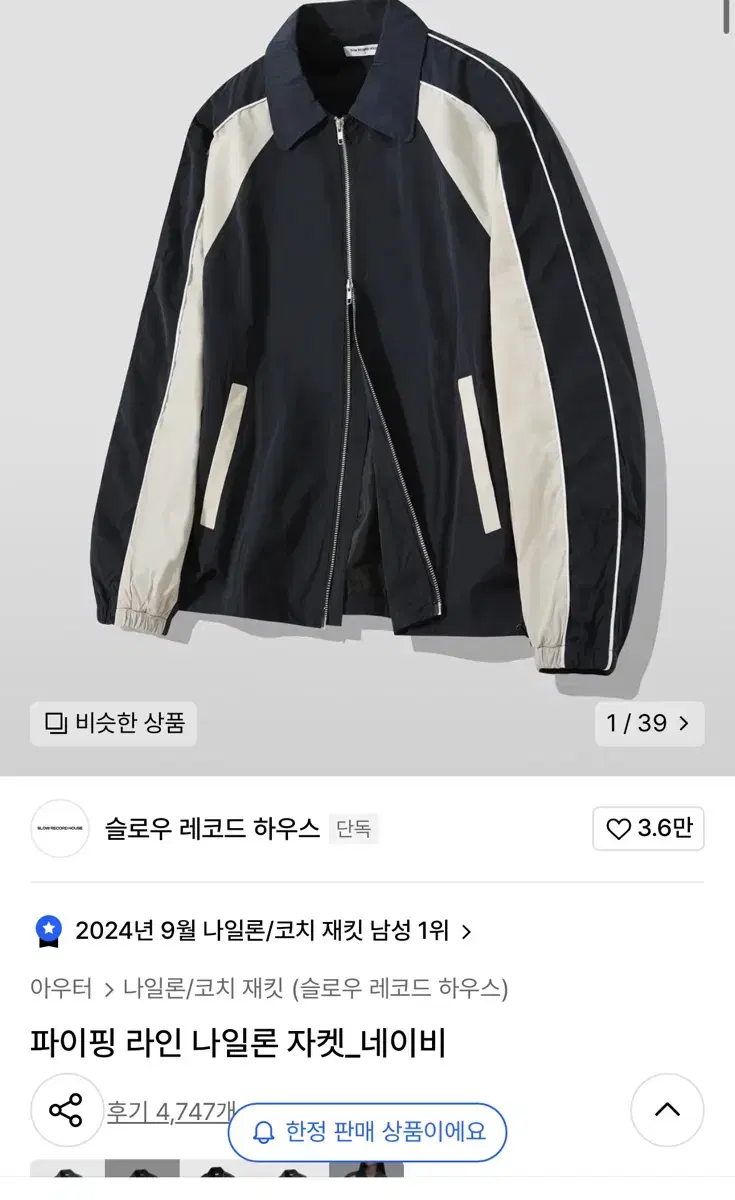 슬로우 레코드 하우스 파이핑 라인 나일론 자켓 네이비 판매합니다