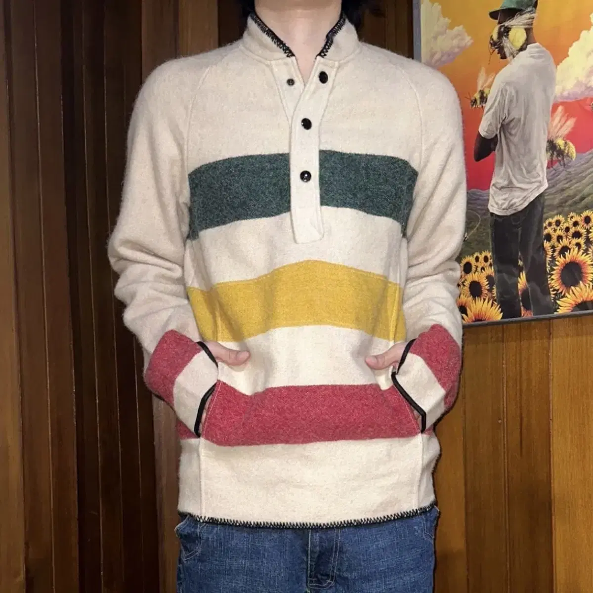 Woolrich Vintage Pullover Button Stripe Wool Sweater S