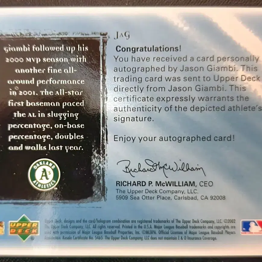 Jason Giambi Upper Deck 카드 /150  1장