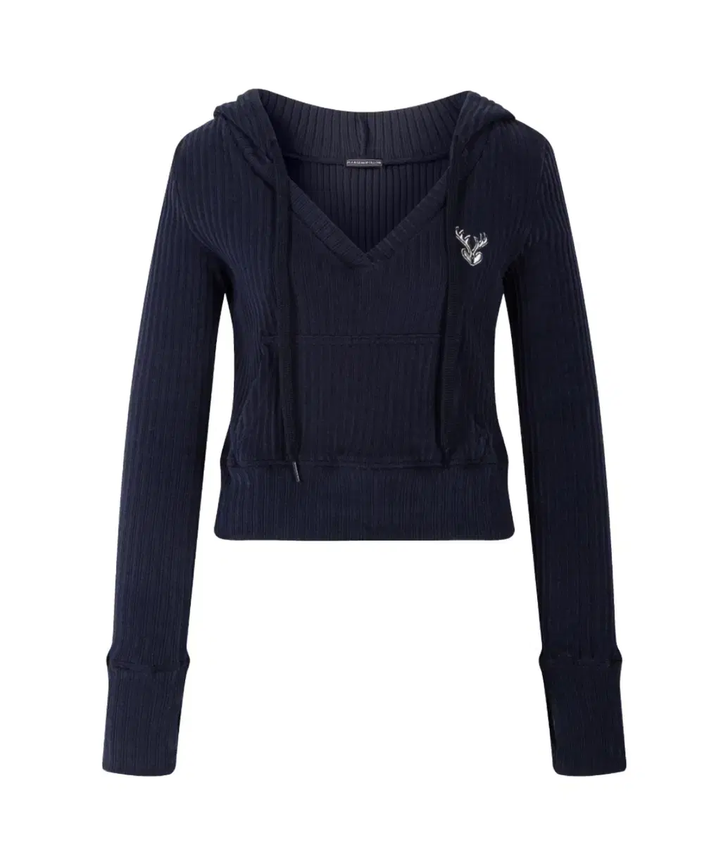 플리즈노팔로우 Deer Ribbed Crop Hoodie Top NAVY