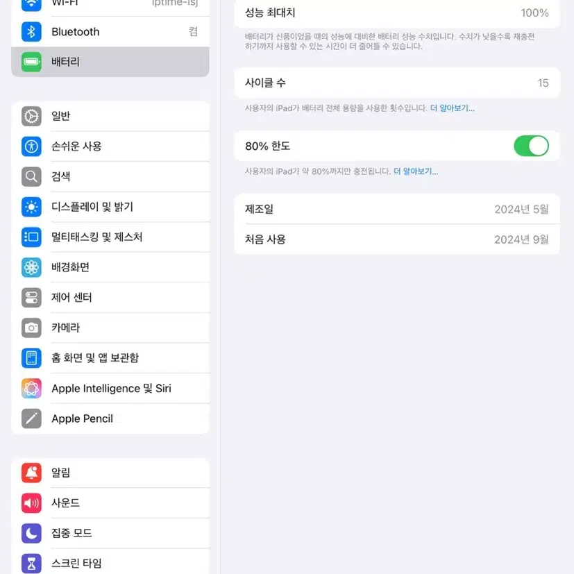 아이패드 프로 m4 11인치 256GB wifi실버 배터리사이클 15회