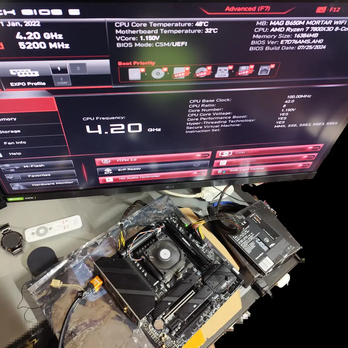 AMD 7800 3D, MSI MAG B650M 박격포 WIFI, 2T