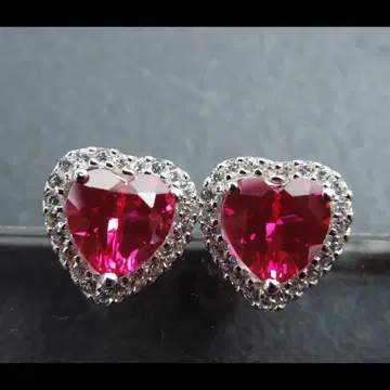 루비 하트 귀걸이 페어 귀걸이 Created Ruby S925