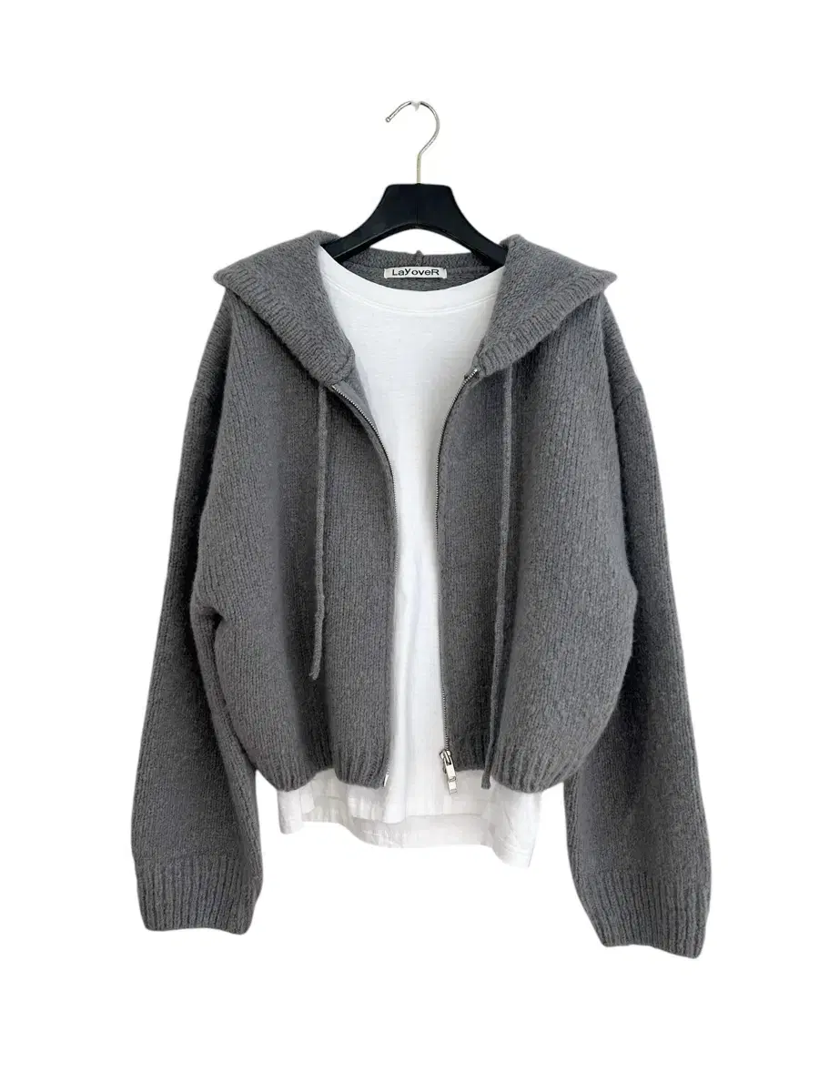 No communication) Gray Hooded Zip-Up Cardigan - 100% wool