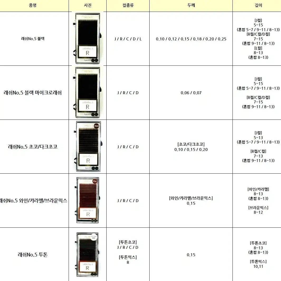 다크초코.래쉬넘버J컬 0.15t 9~11mm믹스모/래쉬넘버5/속눈썹고급벨