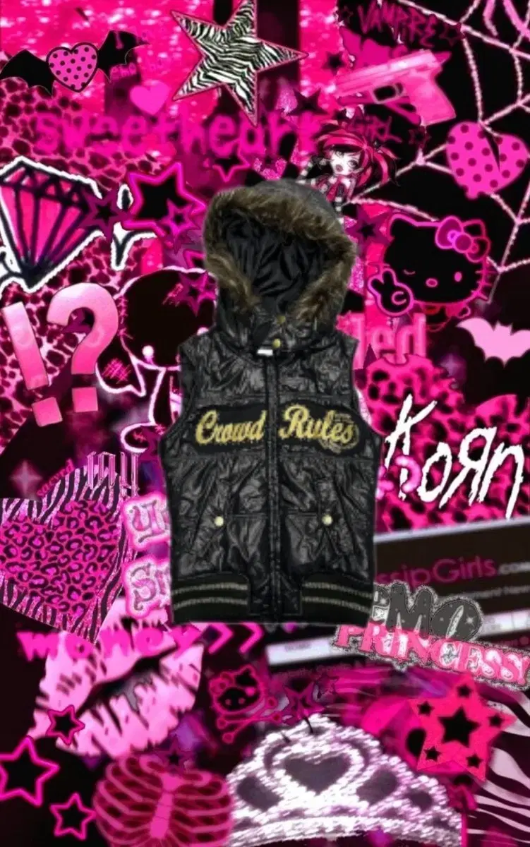 y2k punk vintage sky bomber black gold fur vest padded