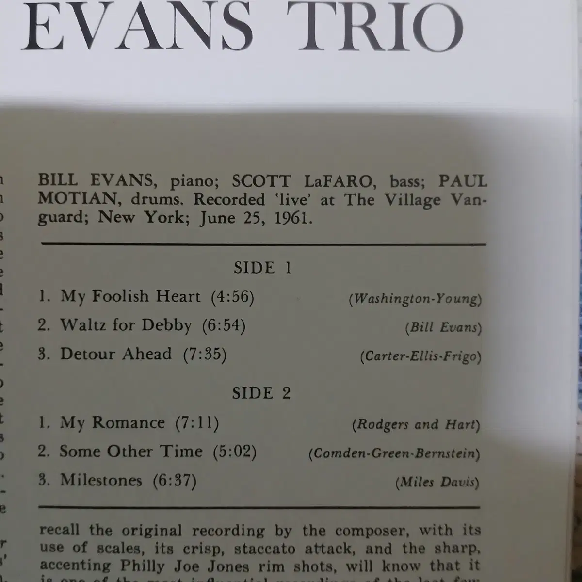 Lp중고 BILL Evans Trio -Waltz for Debby 음반