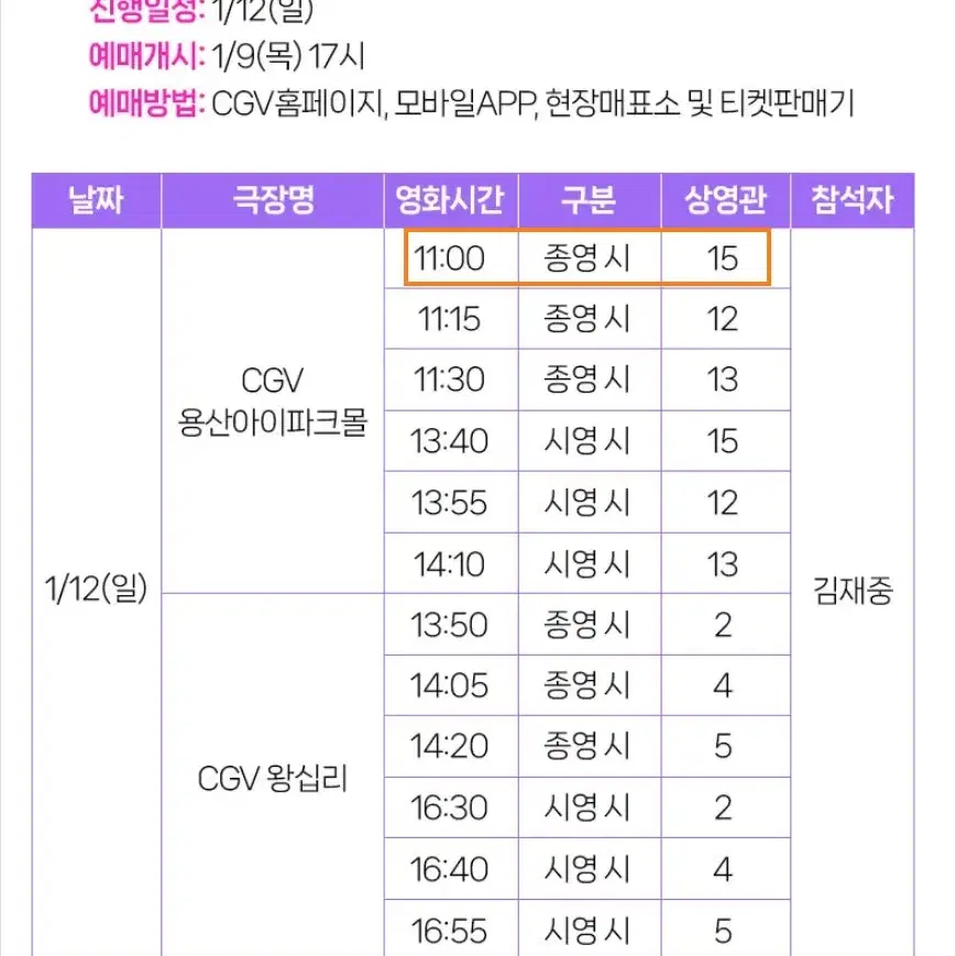 1/12 용산 김재중 무대인사 단석