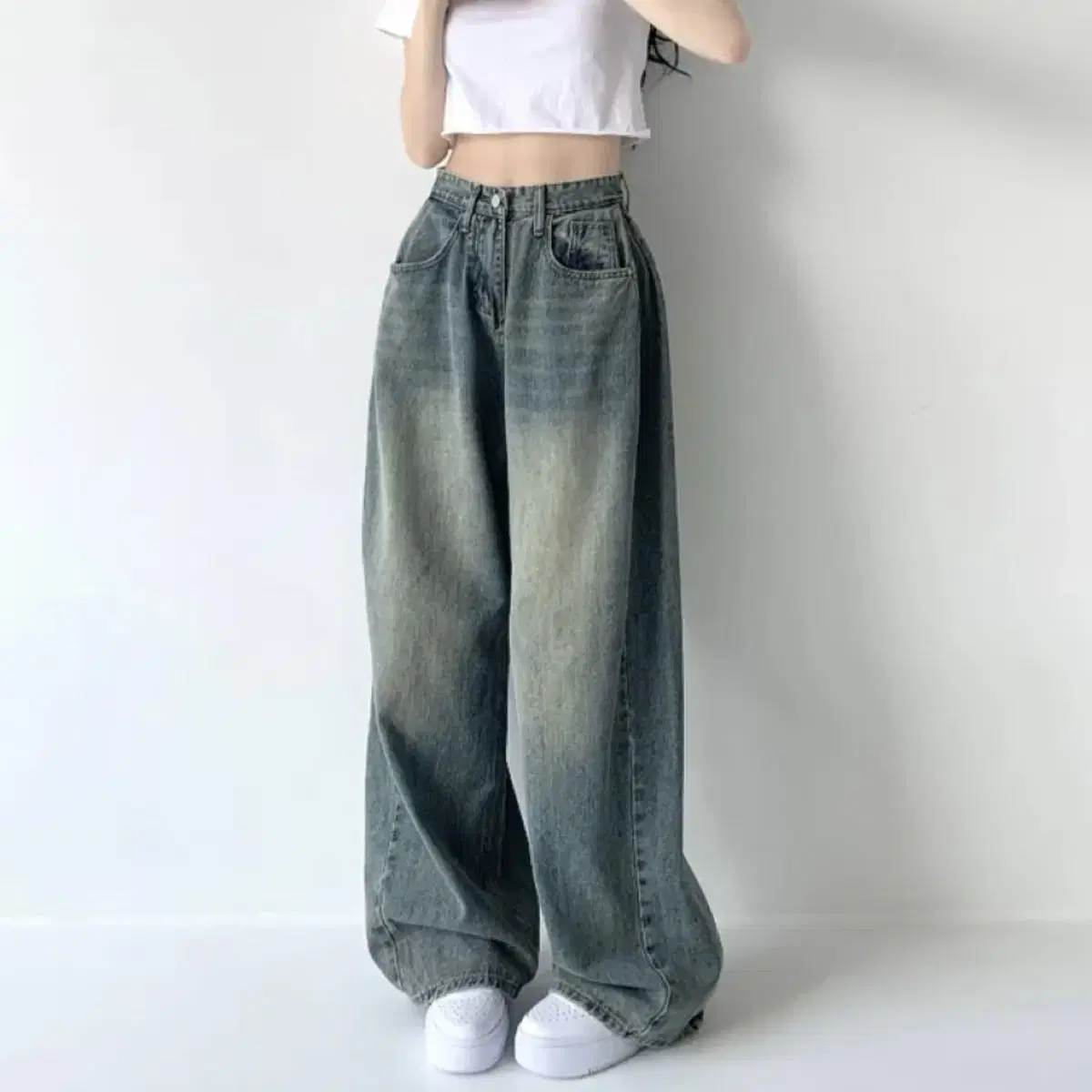 ABLEE Jasmine Belle Vintage Washed Side Pin-tuck High-waisted Long Wide Denim