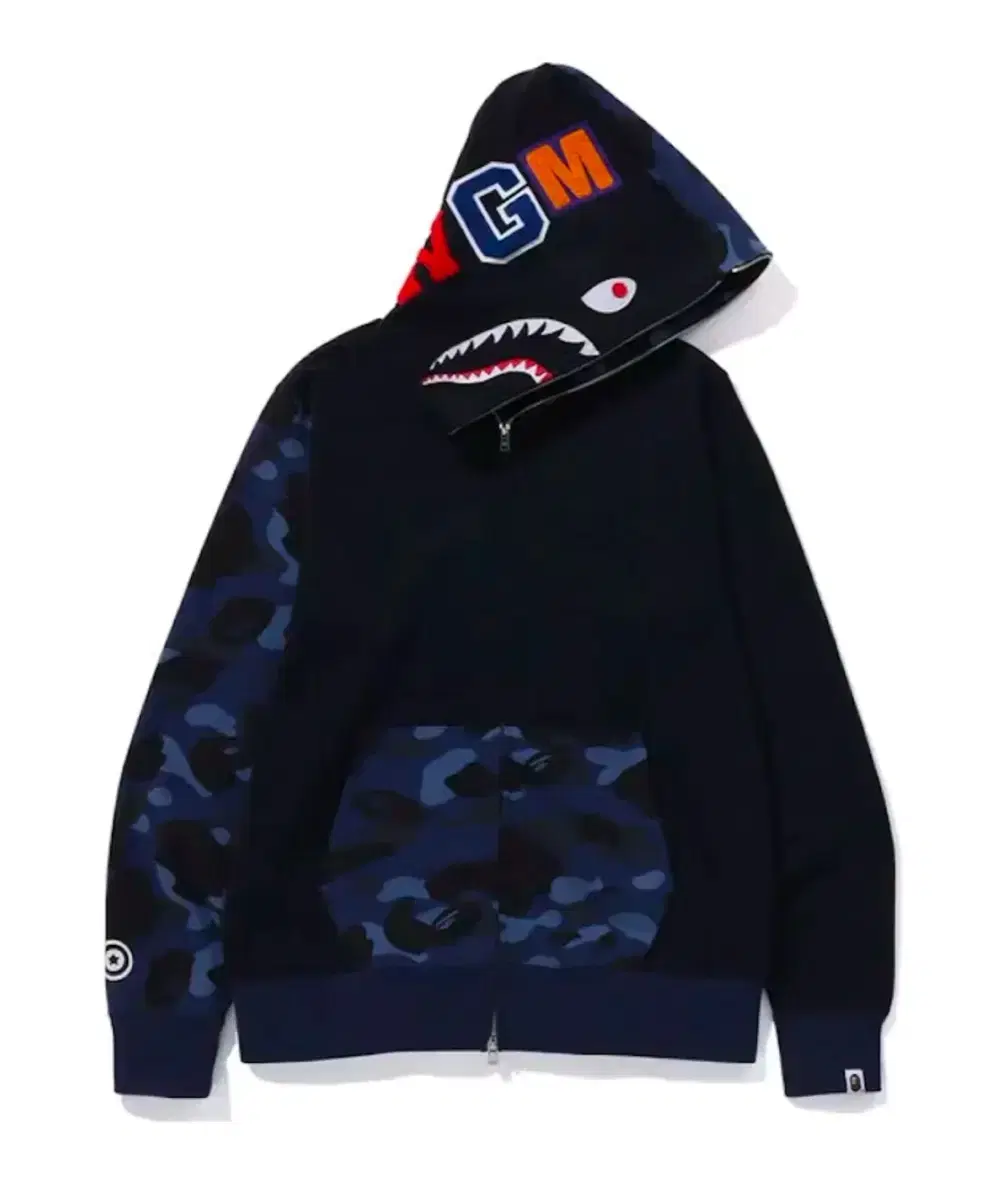 BAPE 베이프 카모 샤크 풀 집 후드 네이비