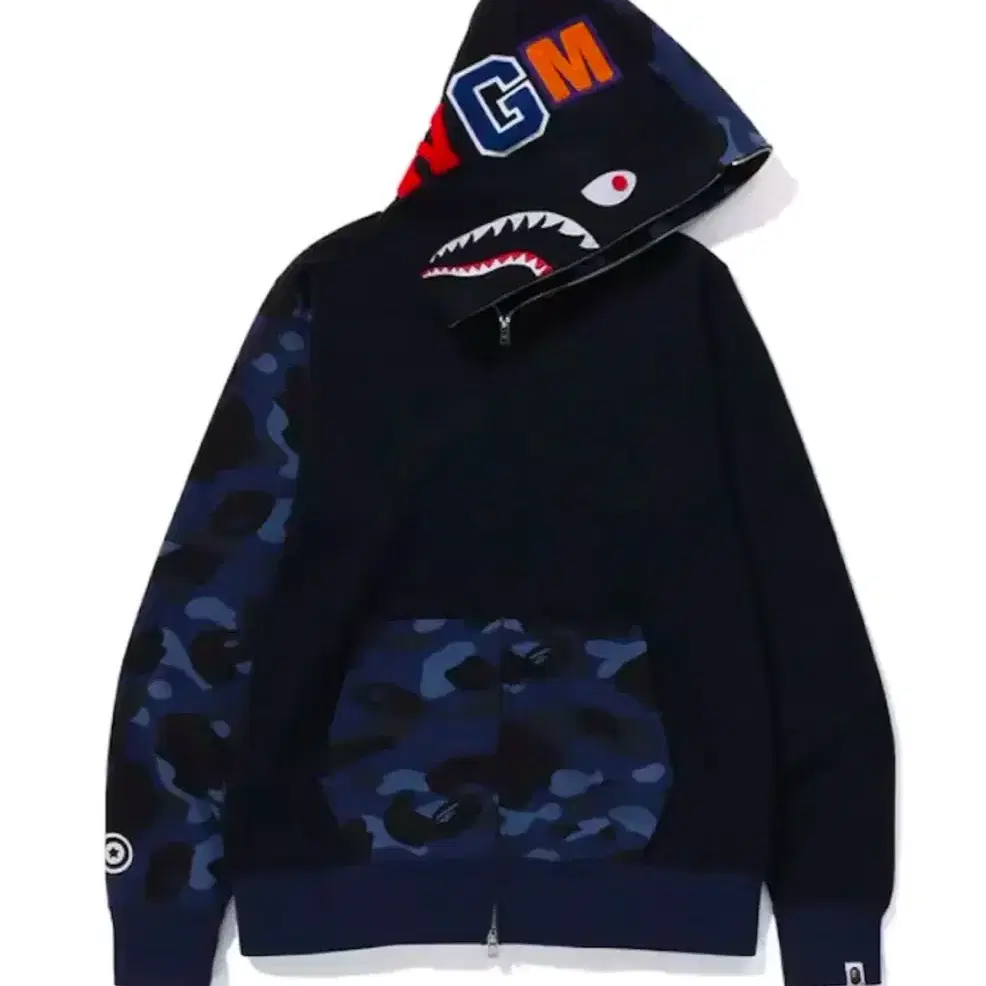 BAPE 베이프 카모 샤크 풀 집 후드 네이비