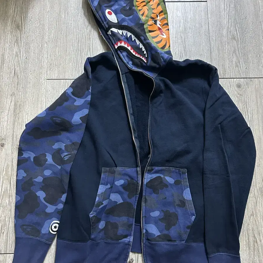 BAPE 베이프 카모 샤크 풀 집 후드 네이비