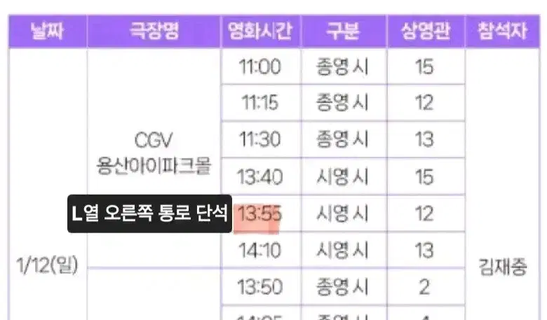 김재중 cgv 무대인사 2열 용산/왕십리 연석 통로석 양도