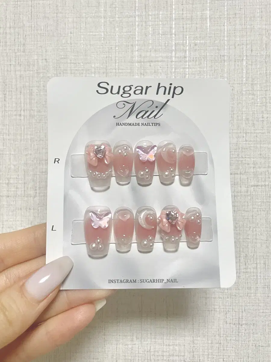 New product! Handmade nail tips Pink ribbon Pearl nail Nail art