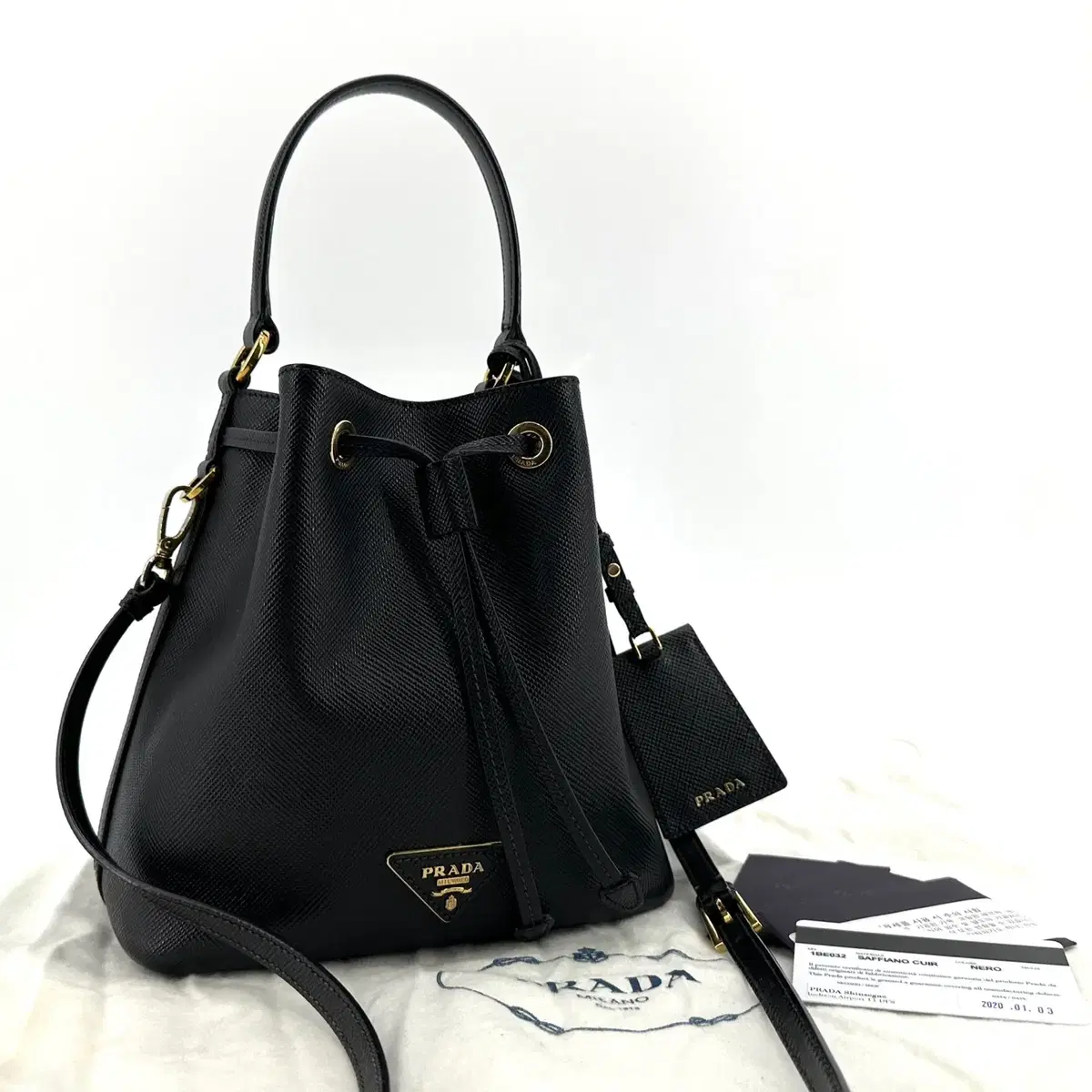 *Department store version* Prada Triangle Logo Saffiano Bucket Bag (1BE032)